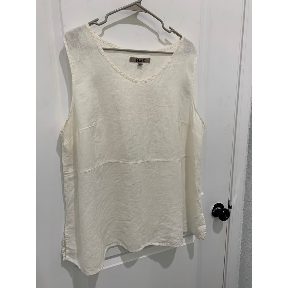 FLAX 100% Linen Sleeveless Tunic Top Cream Off White Asymmetrical Hem Size 1G